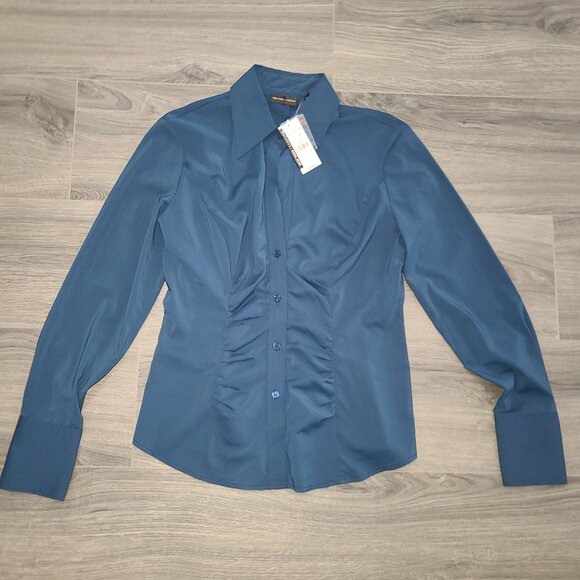 NWT New York Company 6 Teal Stretch Button Shirt Top Blouse Long sleeve Collared - Picture 1 of 3